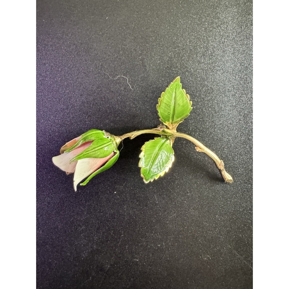 Vintage Napier Pink‎ Enamel Rosebud Brooch Gold Tone Floral Stem Pin Accessory